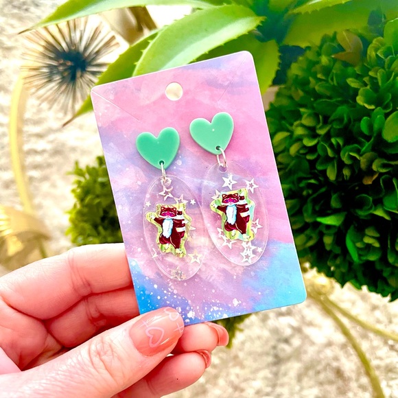 Lisa Frank Raccoon Acrylic Dangle Earrings - Picture 3 of 5